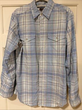 ExOfficio Insect Shield Long Sleeve Hiking Shirt Mens Medium Blue Plaid GUC